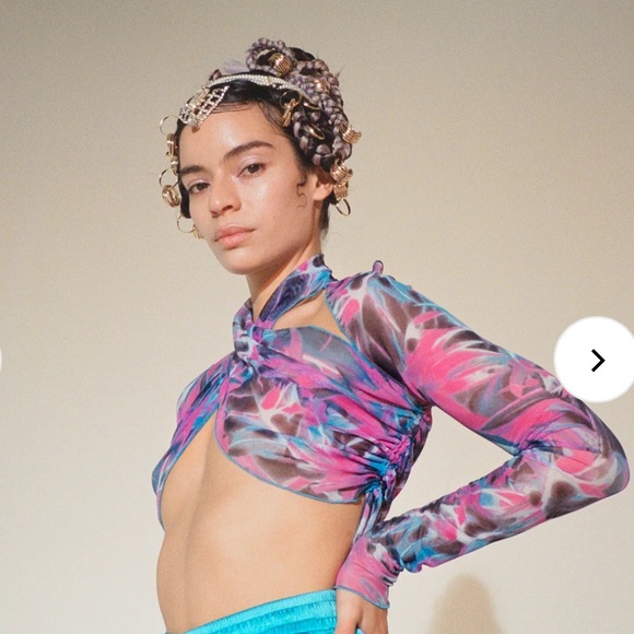 NWOT Kim Shui Mesh Crop Long Sleeve Cutout Cross Top (XS Pink Blue Multi) Tropic - Picture 1 of 10